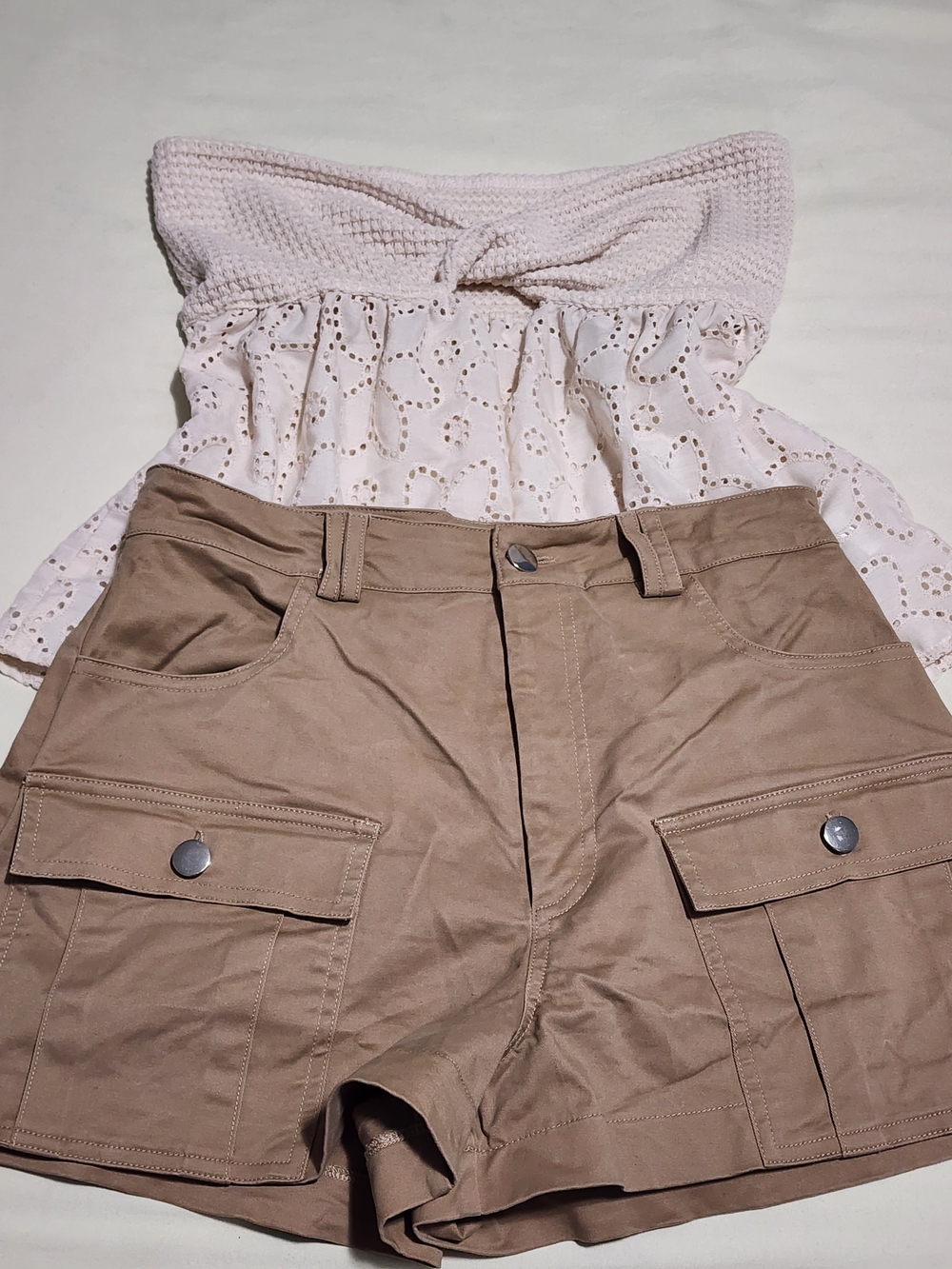 Boho Cream Eyelet Strapless Top & High Waist Khaki Cargo Shorts Set Size M